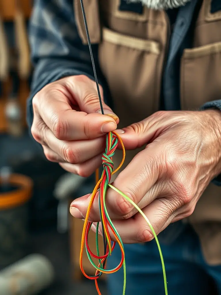 A close-up shot of an experienced angler demonstrating knot-tying techniques during a skill development workshop.
