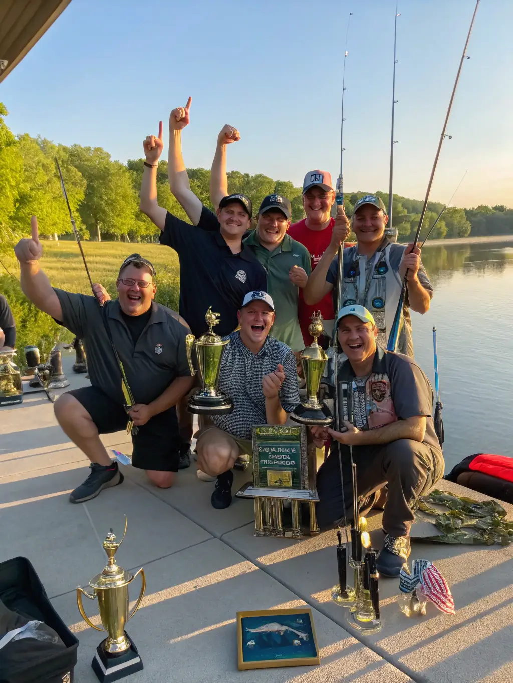 A scenic view of a group of club members enjoying a recreational fishing activity by a calm lake.