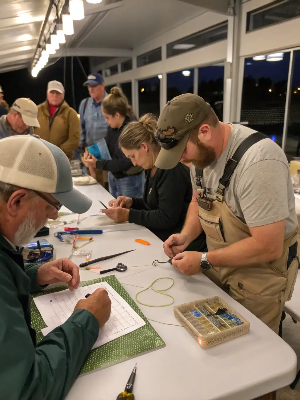 A photo of club members participating in a skill development workshop, focusing on knot tying and tackle preparation, with a focus on hands-on learning.